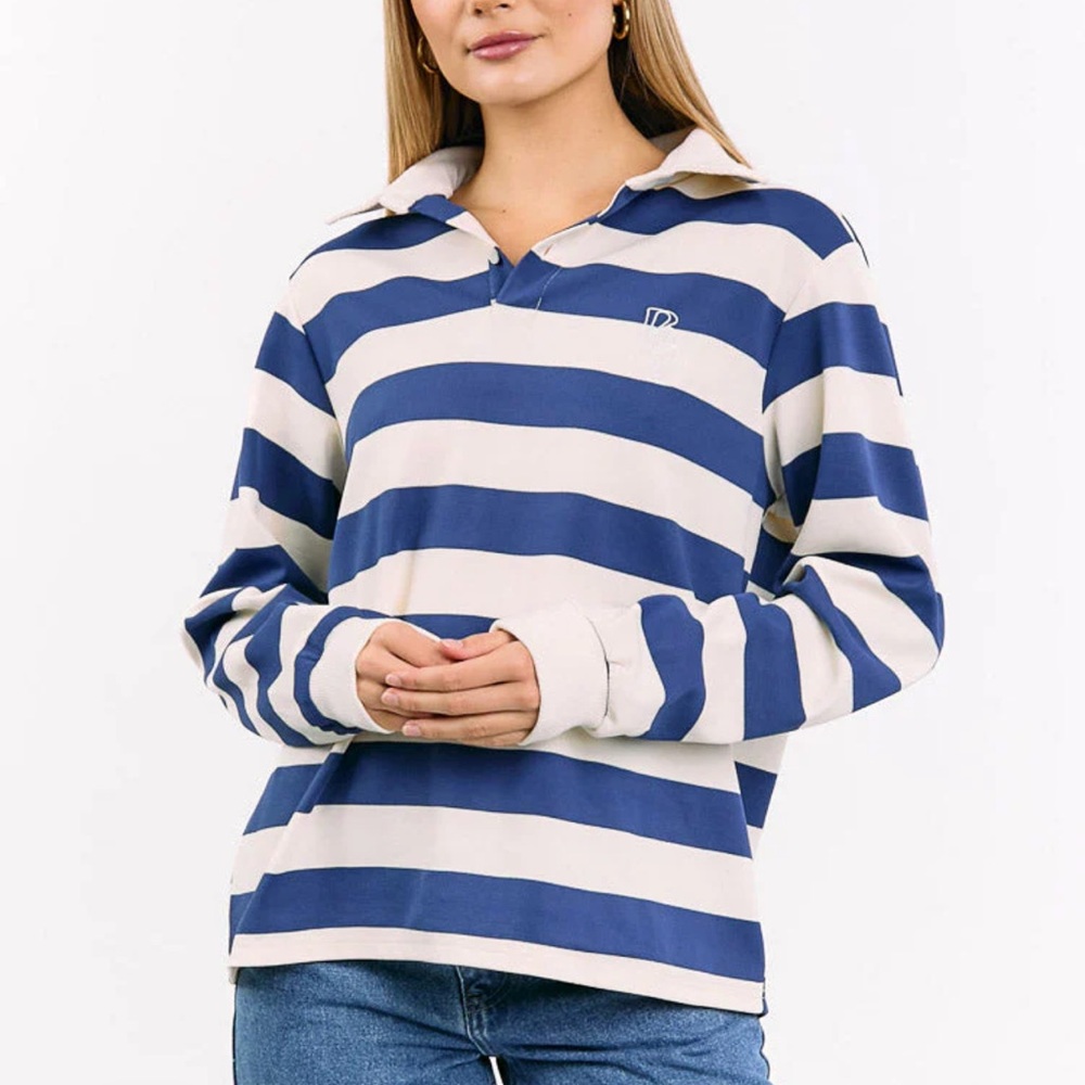 beginning boutique blue striped collared long sleeve top